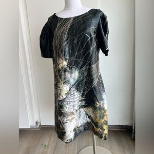 Biba black midi-dress with gold and white abstract pattern. Size 18.